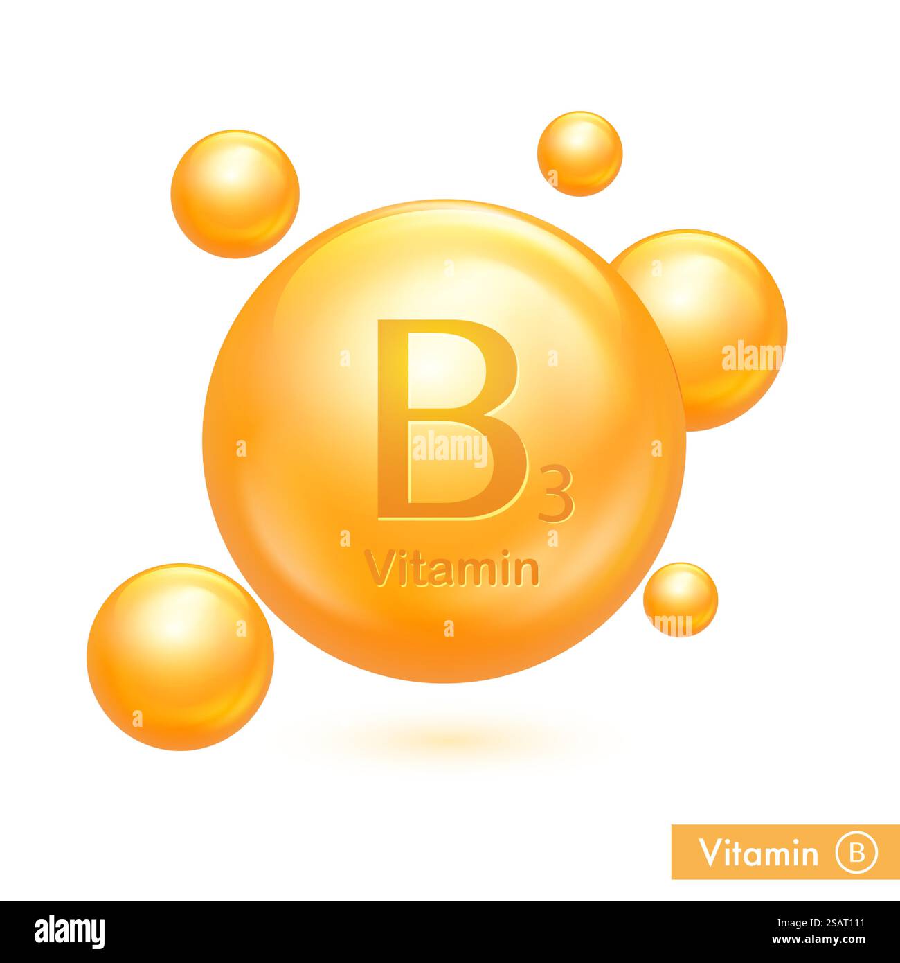 Gold-Symbol des Vitamin-E-Vektors. 3D-Kapsel mit goldenem Tropfen. Strahlender Tropfen. Schönheitsbehandlung Ernährung Hautpflegedesign Stock Vektor