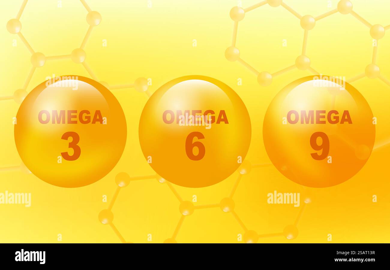 Vektor-Omega-Säuren drei sechs und neun Fischöl-Pillen und dna-Molekül-Symbol auf gelbem Hintergrund. Acid epa dha 3, 6 und 9 organische Vitaminnährstoffe Stock Vektor