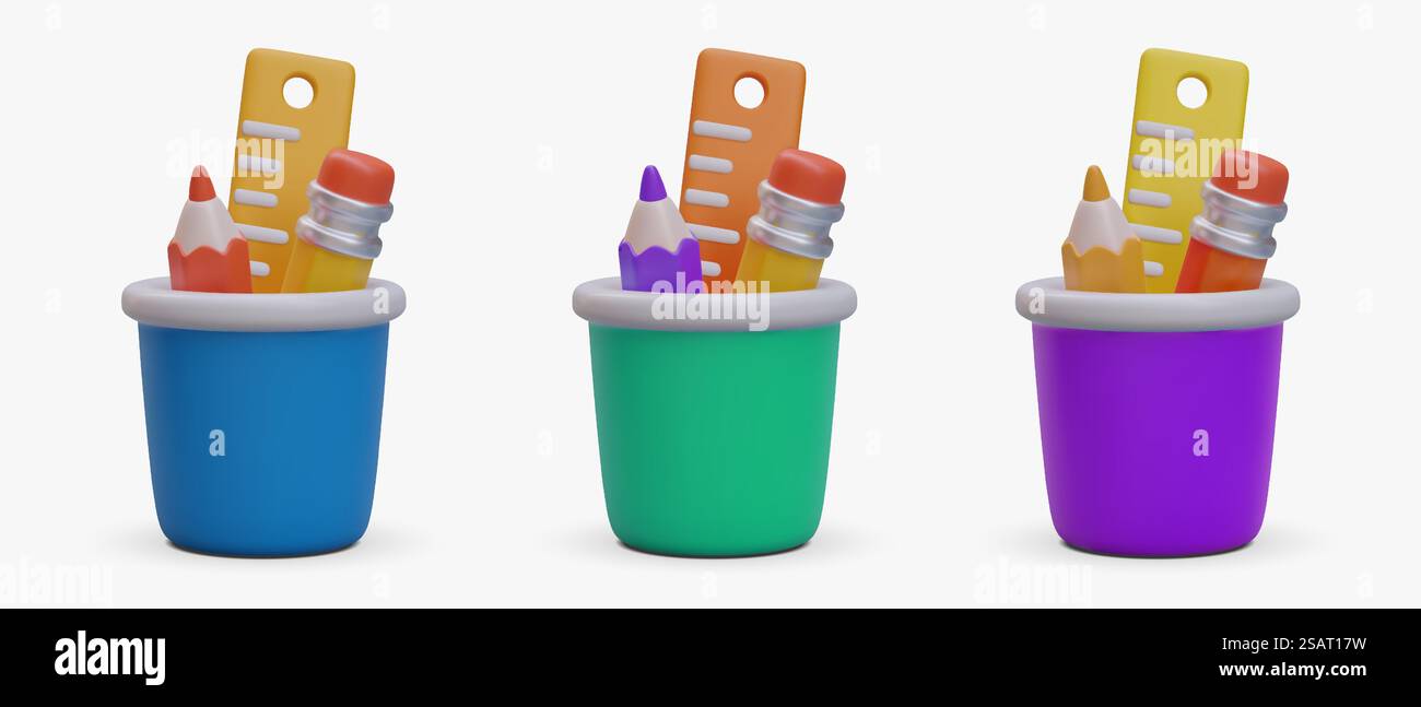 Stifthalter. Realistische Bürobecher mit Bleistiften, Linealen. Organisation der Bestellung am Schreibtisch. Bürobedarf. Bleistiftbecher. Farbige Vektorsymbole. Isolierte Abbildung auf weißem Hintergrund. Stifthalter. Realistische Bürobecher mit Bleistiften, Linealen. Organisation der Bestellung am Schreibtisch Stock Vektor