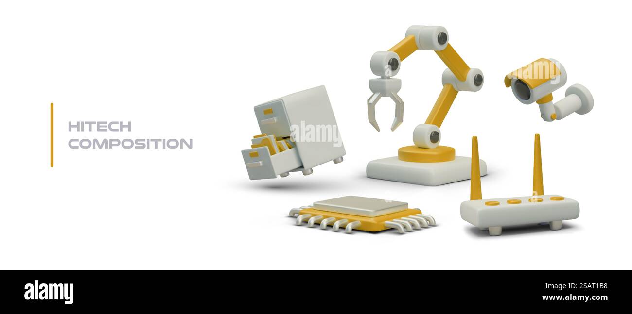 3D-hitech-Komposition. Büroschublade, programmierbarer Manipulator, Mikroprozessor, gelbe Überwachungskamera, Router. Datenspeicherung und -Verarbeitung, Programmausführung, Arbeitskontrolle. 3D-hitech-Komposition. Schubladeneinheit für das Büro, programmierbarer Manipulator, Mikroprozessor, Kamera, Router Stock Vektor