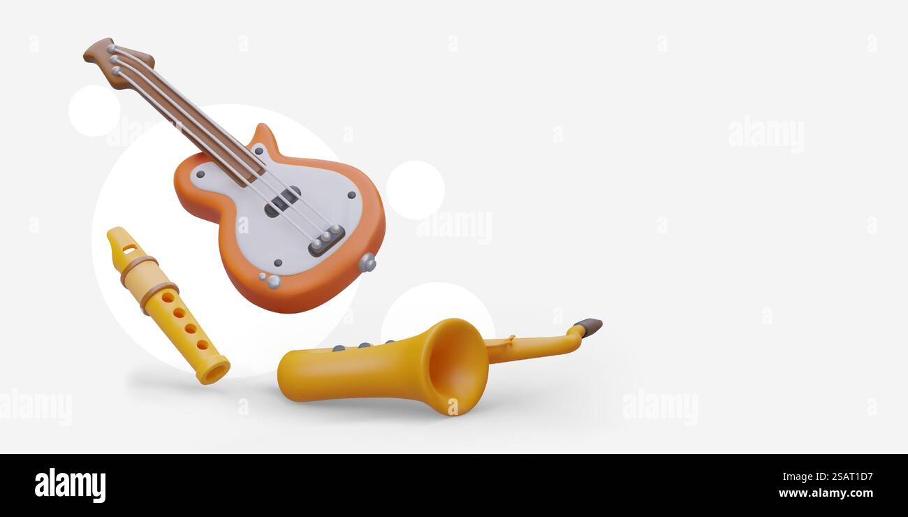 3D Flöte, Saxophon, Gitarre. Musikinstrumente verschiedener Art. Fröhliches Vektorposter. Konzept von Urlaub, Konzert. Werbung für Musikschule, Club. 3D Flöte, Saxophon, Gitarre. Musikinstrumente verschiedener Art Stock Vektor
