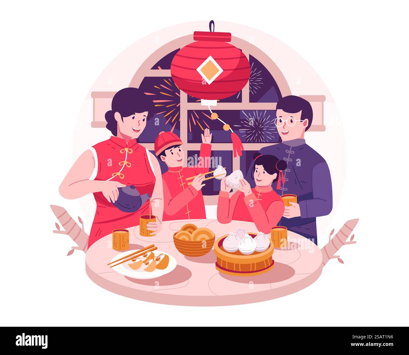 Happy Asian Family trifft sich zu einem Wiedersehensessen und genießen Sie leckere traditionelle Gerichte am chinesischen Silvesterabend Stock Vektor