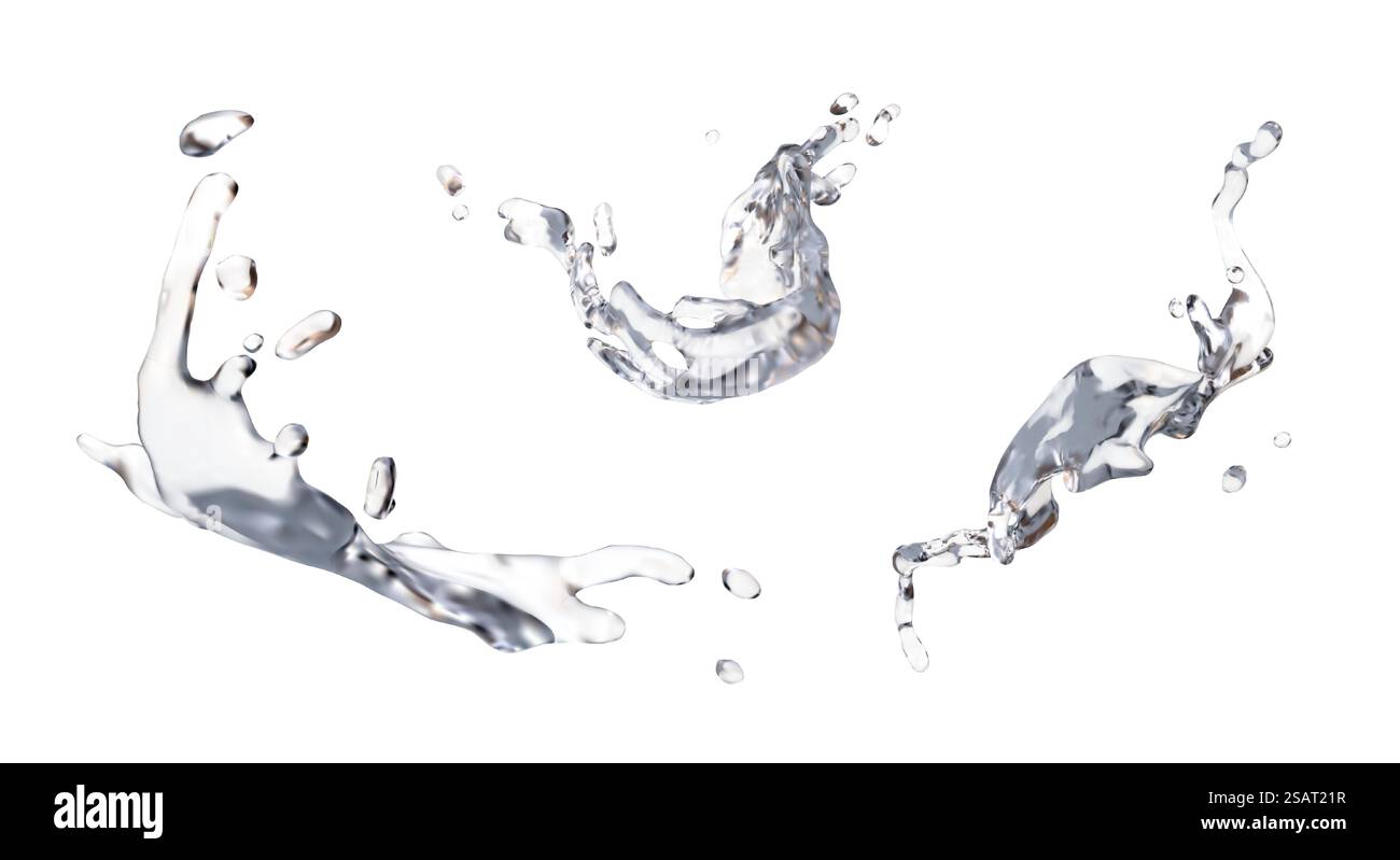 Set von realistischem kristallinem Wasser in verschiedenen Formen und Positionen. Tropfen verschiedener Spritzwasser fliegen in der Luft. Vektorillustration mit weißem Hintergrund in 3d.. Set von realistischem kristallinem Wasser in verschiedenen Formen und Positionen Stock Vektor