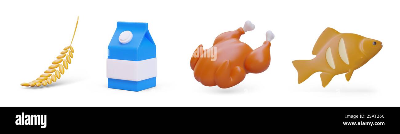 Satz farbiger 3D-Symbole im Cartoon-Stil. Symbole für kulinarische Stätte, Anwendung. Müsli, Fleisch, Fisch, Milchgerichte. Markierungen für Schilder im Lebensmittelgeschäft. Satz farbiger 3D-Symbole im Cartoon-Stil. Symbole für kulinarische Stätte, Anwendung Stock Vektor