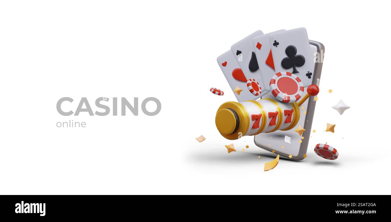 Online-Casino-Poster mit Textstelle. Glücksspielkonzept, Poker in der mobilen App spielen. Spielautomat, Spielkarten, rote Chips, Smartphone. Vektorabbildung im 3D-Stil. Online-Casino-Poster mit Textstelle. Spielkonzept, Poker spielen Stock Vektor