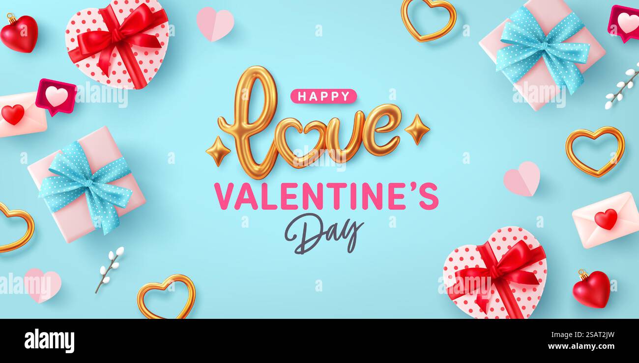 Valentinstag Bannervorlage mit goldenem Text „Liebe und herzförmige Geschenkbox“ auf blauem Hintergrund. Vektor des Posters oder Banners zum Valentinstag. Grüße und Geschenke für die Liebe oder Valentinstag-Konzept. Stock Vektor