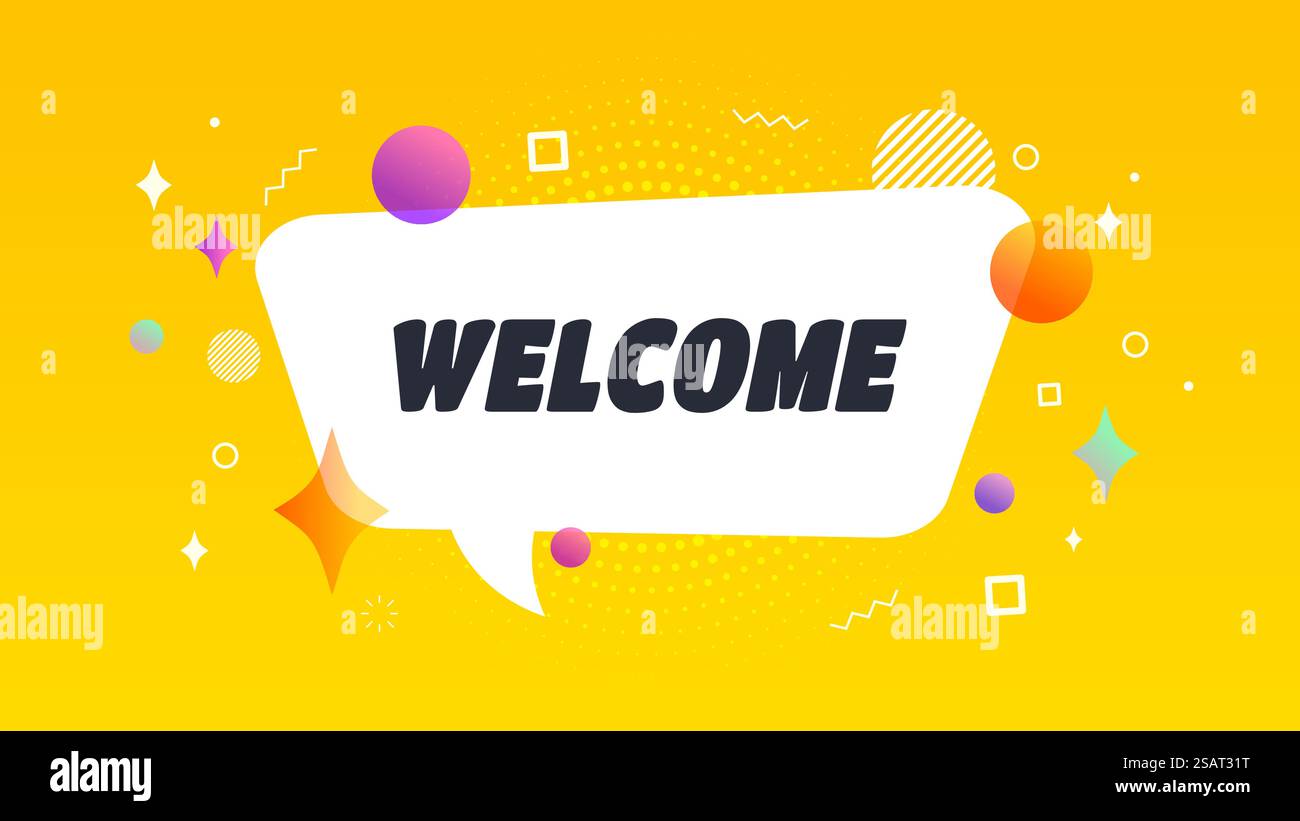 Begrüßungsblase. Vektorbanner, Poster mit Begrüßungstext. Geometrische Formen mit Botschaft für Feiern, Stätten und festliche Veranstaltungen Stock Vektor
