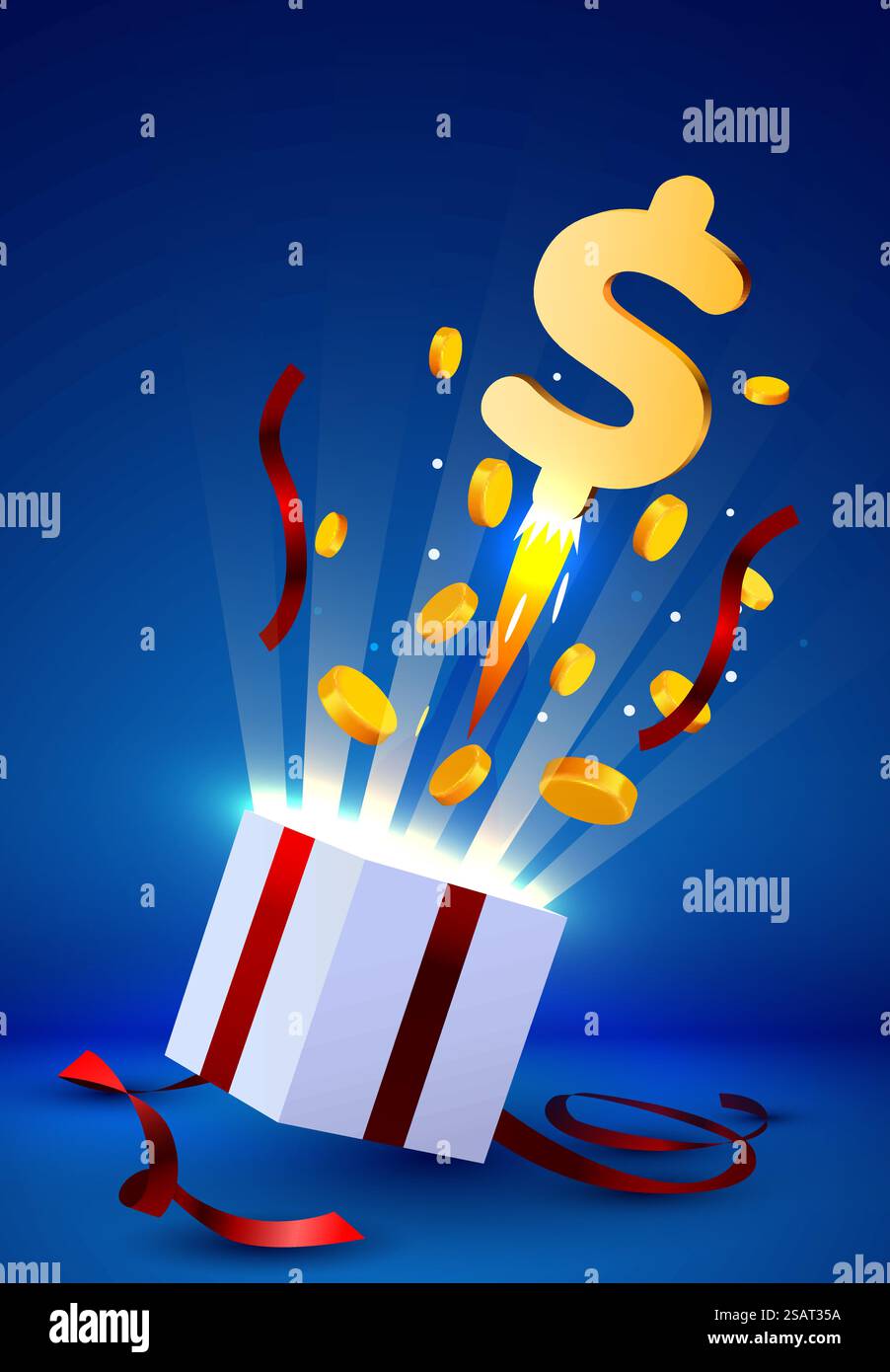 Geschenkbox mit Münzexplosion öffnen. Big-Win-Konzept. Vektorabbildung. Geschenkbox mit Münzexplosion öffnen. Big-Win-Konzept. Stock Vektor