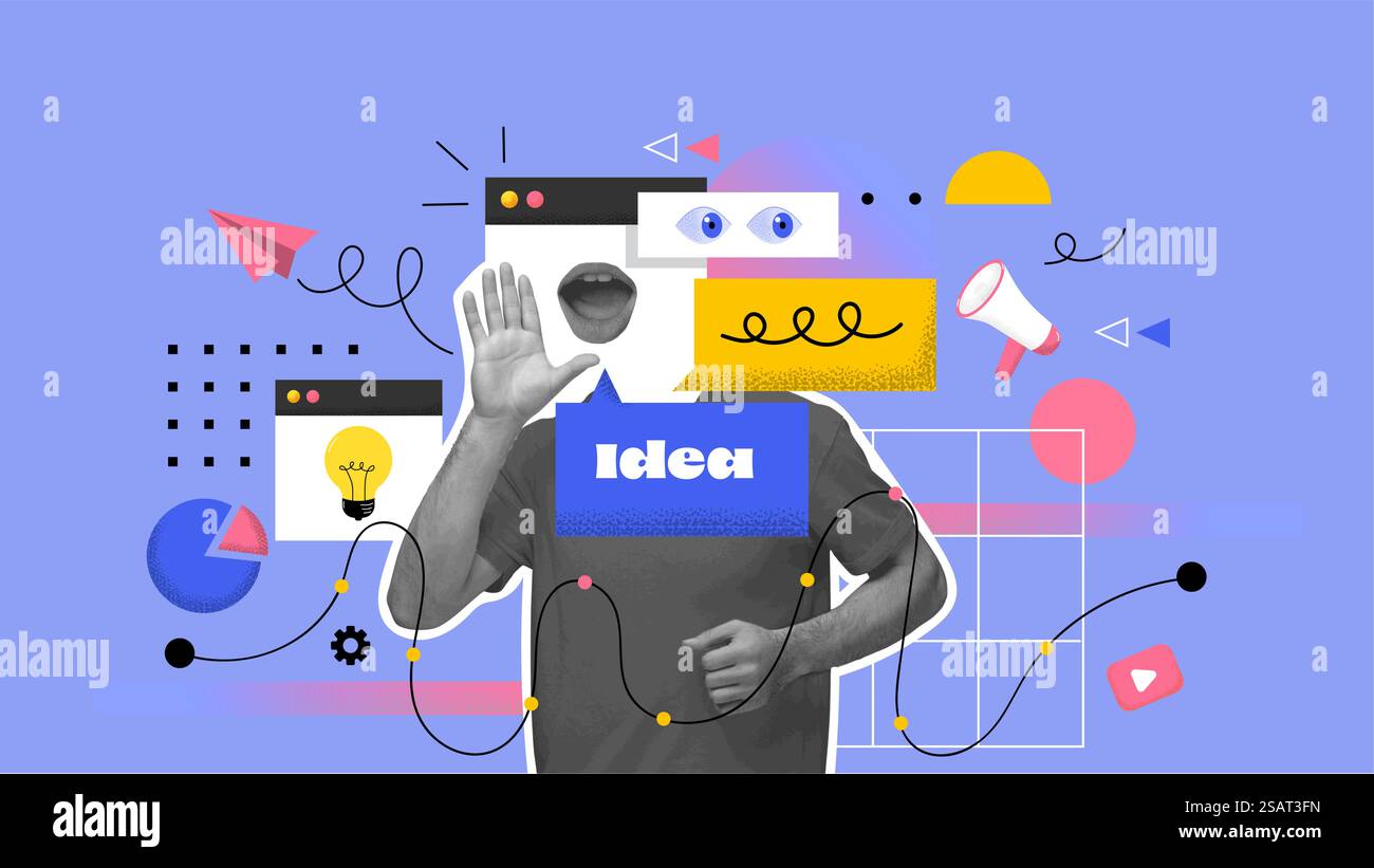 Junger Geschäftsmann, Angestellter mit Megaphon isoliert auf blauem Hintergrund. Zeitgenössische Kunstcollage. Inspiration, Idee, trendig. Konzept des Berufs, des Geschäfts, der Anzeige. Vektorabbildung Stock Vektor