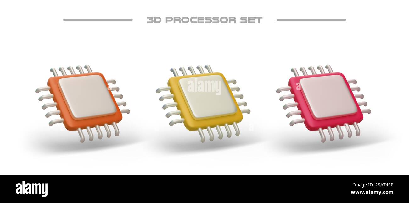 Satz von 3D-Mikroprozessoren in verschiedenen Farben. Leerer Platz für Logo. Isoliertes Vektorbild mit Schatten. Symbole für Standort, Anwendung. Vektor für Webdesign. Satz von 3D-Mikroprozessoren in verschiedenen Farben. Leerer Platz für Logo Stock Vektor