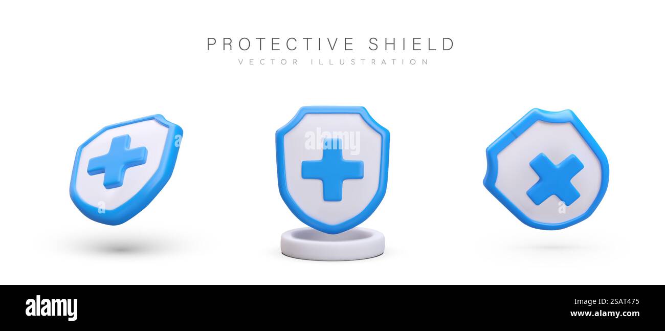 Medizinischer Schutz, Versicherungssymbol. Satz von Vektorschirmen mit blauem Kreuz. Bezahlter Service von Krankenkassen. Bilder mit und ohne Untertitel. Ansicht aus verschiedenen Winkeln. Medizinischer Schutz, Versicherungssymbol. Satz von Vektorschirmen mit blauem Kreuz Stock Vektor