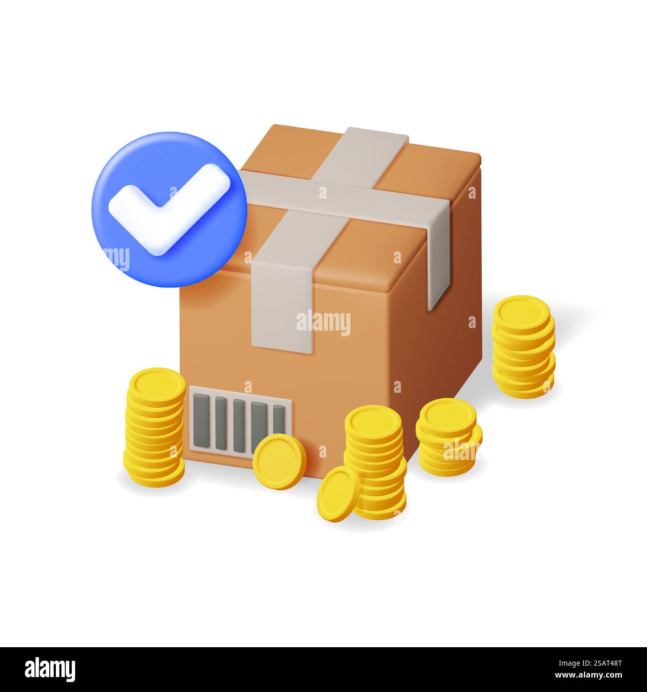 3D-Karton mit Goldmünzen und Checkmark isoliert. Versiegelte Kartonverpackung mit OK-Check-Markierung und Geld. Papppaket Symbol. Fracht, Lieferung und Transport. Vektorabbildung. 3D-Karton mit Goldmünzen und Checkmark Stock Vektor