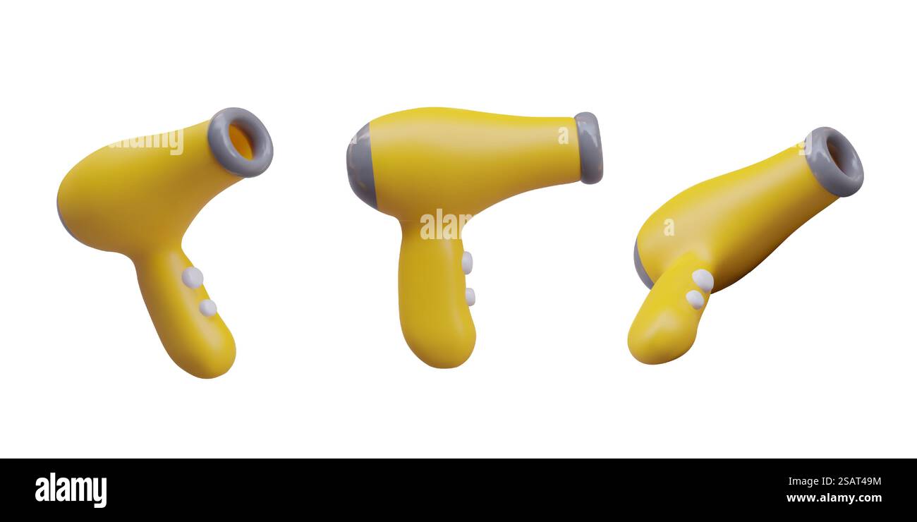 Satz kabelloser, gelber Haartrockner mit Knöpfen. Elektrisches Gerät zum Trocknen von Haaren. Friseur, Friseur, Friseur-Ausrüstung. Isolierte Vektordarstellung. Satz kabelloser, gelber Haartrockner mit Knöpfen. Elektrisches Gerät zum Trocknen von Haaren Stock Vektor