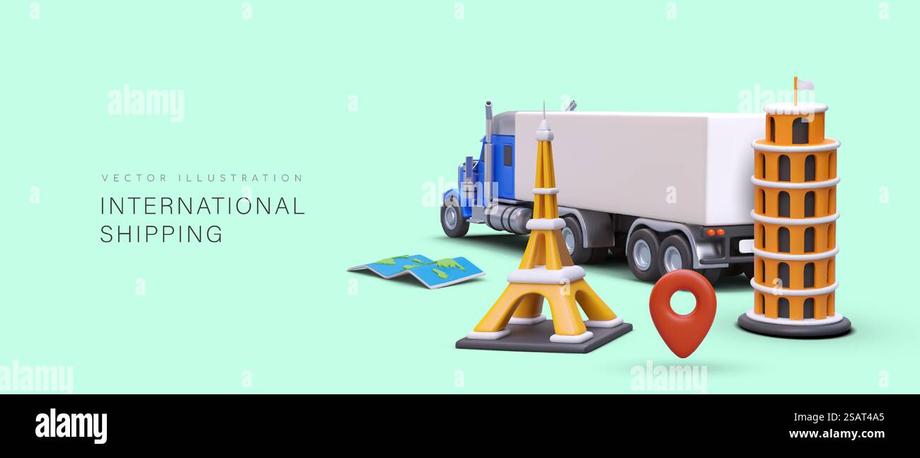 Internationaler Transport, Versand. 3D-Truck, Karte, Geotag, Schiefer Turm, Eiffelturm. Expressversand aus dem Ausland. Handelsvorlage für Transportunternehmen. Internationaler Transport, Versand. 3D-Truck, Karte, Geotag, Schiefer Turm, Eiffelturm Stock Vektor