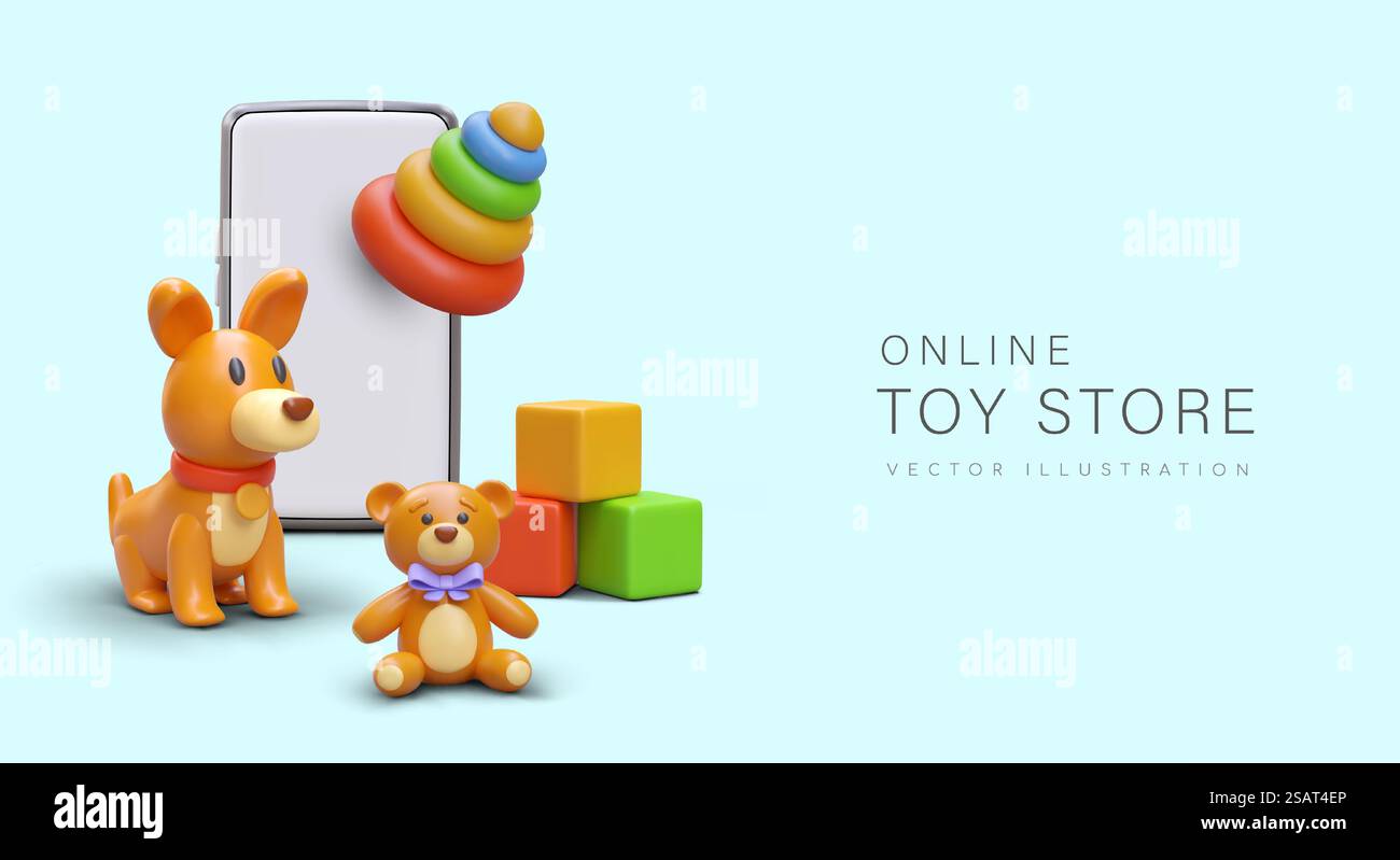 Konzept des Online-Spielwarengeschäfts. 3D-Smartphone, Teddybär, Hund und Lernspielzeug. Poster mit blauem Hintergrund und Platz für Text. Vektorabbildung im 3D-Stil. Konzept des Online-Spielwarengeschäfts. 3D-Smartphone, Teddybär, Hund und Lernspielzeug Stock Vektor