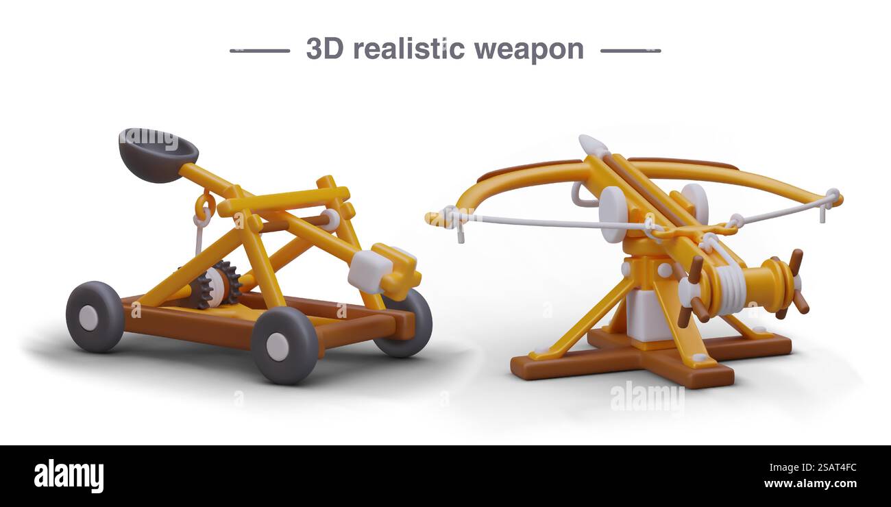 Große, landestypische Waffe. Katapult auf Rädern und rotierende Armbruste. Militärischer Mechanismus zum Schlagen von Zielen aus großer Entfernung. Vektorbilder für Spieldesign. Große, landestypische Waffe. Katapult auf Rädern und rotierende Armbruste Stock Vektor