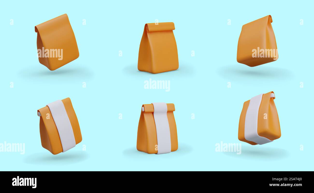 Satz Papiertüten, gerollt und versiegelt. Recycelbare Ladenverpackungen. Vektorillustration mit Platz für Logo, Modell. Bild für Online-Shop, App für Lebensmittellieferungen. Satz Papiertüten, gerollt und versiegelt. Recycelbare Ladenverpackungen Stock Vektor