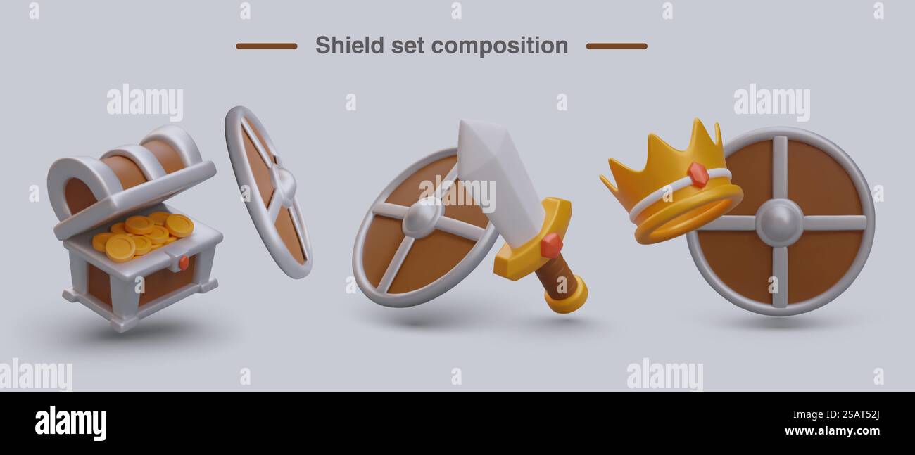 Zusammensetzung des Shield-Sets. Realistische Brust mit Goldmünzen, Schwert zum Kampf, Goldkrone mit Diamant. Vektorabbildung im 3D-Stil mit Platz für Text. Zusammensetzung des Shield-Sets. Realistische Brust mit Goldmünzen, Schwert zum Kampf, Goldkrone mit Diamant Stock Vektor