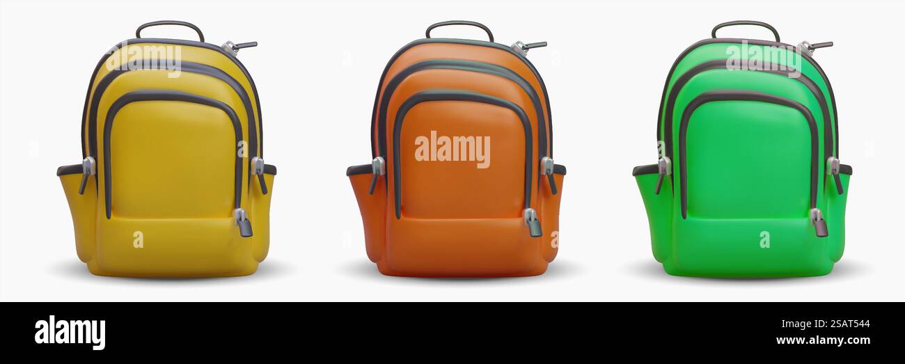 Set coole Schulrucksäcke. Gelbe, orange, grüne Studententasche mit vielen Taschen. Farbige Vektorsymbole. Zurück zur Schule. Abbildungen auf weißem Hintergrund. Set coole Schulrucksäcke. Gelbe, orange, grüne Studententasche mit vielen Taschen Stock Vektor