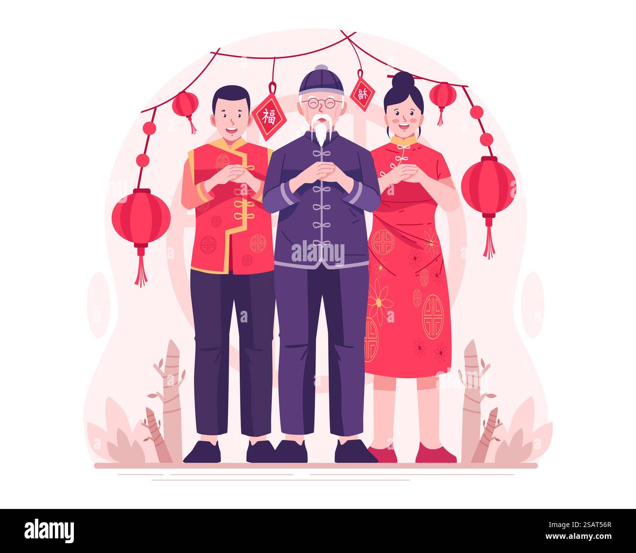 Asiatische Menschen in traditioneller chinesischer Kleidung führen Faust- und Palmsalutgesten aus, um ein gutes chinesisches Neujahr zu wünschen Stock Vektor