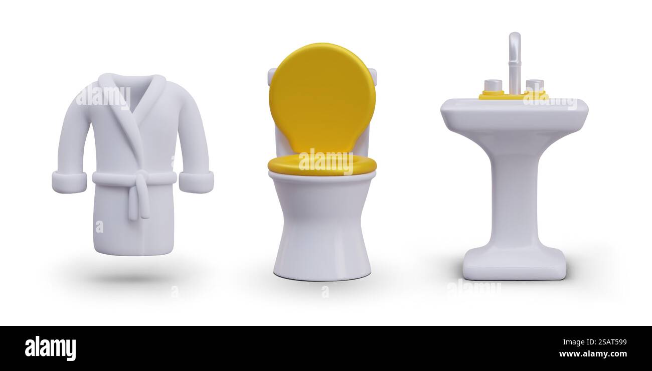 Realistisch weißer Bademantel, Waschtisch, Toilette mit erhöhtem goldenen Deckel. Set von Farbvektorelementen. Luxuriöses, modernes Badezimmer. Symbole, Vorlagen für Webdesign. Realistisch weißer Bademantel, Waschtisch, Toilette mit erhöhtem goldenen Deckel Stock Vektor