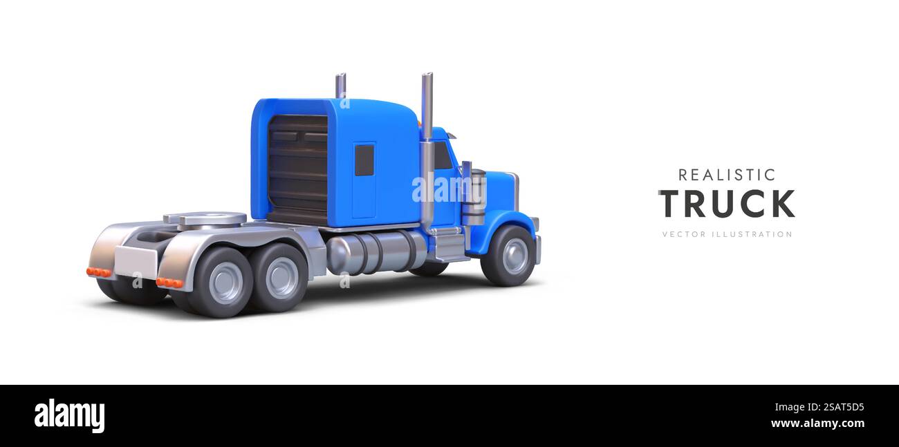 Rückansicht eines realistischen 3D-Lkws auf grauem Hintergrund. Werbeplakat für Transportunternehmen. Logistik- und Lieferkonzept. Bunte Vektor-Illustration im Cartoon-Stil. Rückansicht eines realistischen 3D-Lkws auf grauem Hintergrund. Werbeplakat für Transportunternehmen Stock Vektor