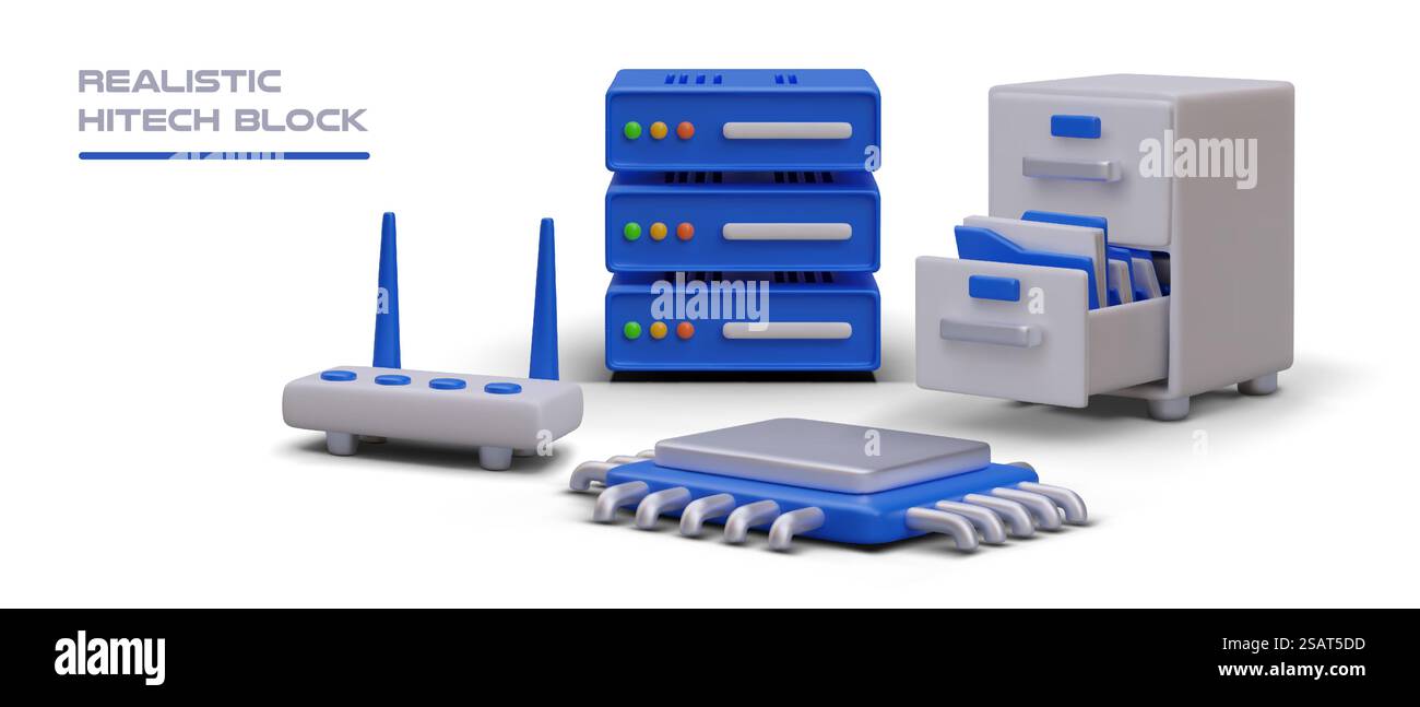 Realistischer hitech-Block. Blauer Server, Schubladeneinheit für das Büro, Router, Mikroprozessor. Speicherung, Verarbeitung und Übermittlung von Informationen. Datenarchivierung. Automatisierte Verwaltung, Arbeit mit Befehlsprotokoll. Realistischer hitech-Block. Blauer Server, Schubladeneinheit für das Büro, Router, Mikroprozessor Stock Vektor