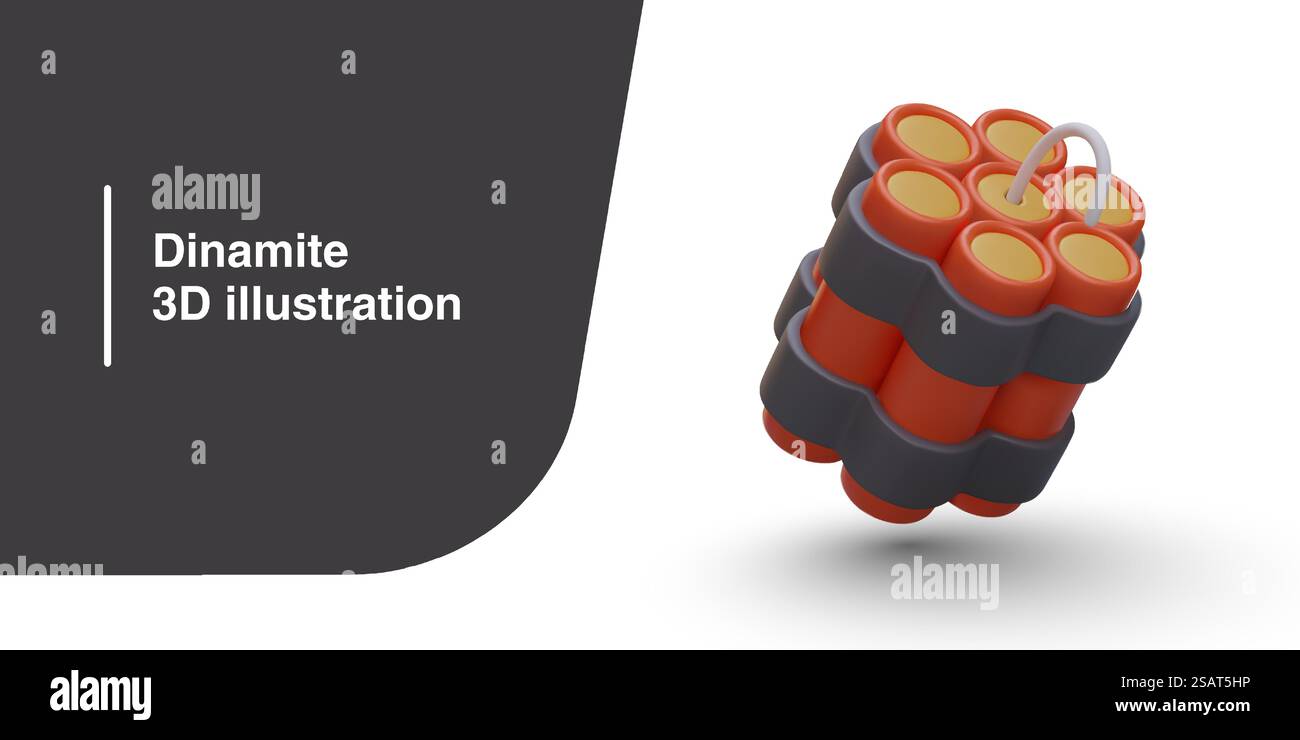 Poster mit realistischem 3D-Dynamit mit Sicherung. Explosive Waffen für Computerspiele. Gefahr von Kabelbrand durch Dynamit. Vektorabbildung im 3D-Stil. Poster mit realistischem 3D-Dynamit mit Sicherung. Explosive Waffen für Computerspiele Stock Vektor