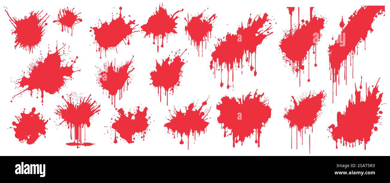 Rote Blutspritzer Mega-Set in flacher Ausführung. Bündeln Sie Elemente der Variation schmutzige flüssige Flecken und ausblutende Tinte mit Spritzern und Tropfen mit einer Grunge-Textur. Vektorillustration isolierte Grafikobjekte Stock Vektor