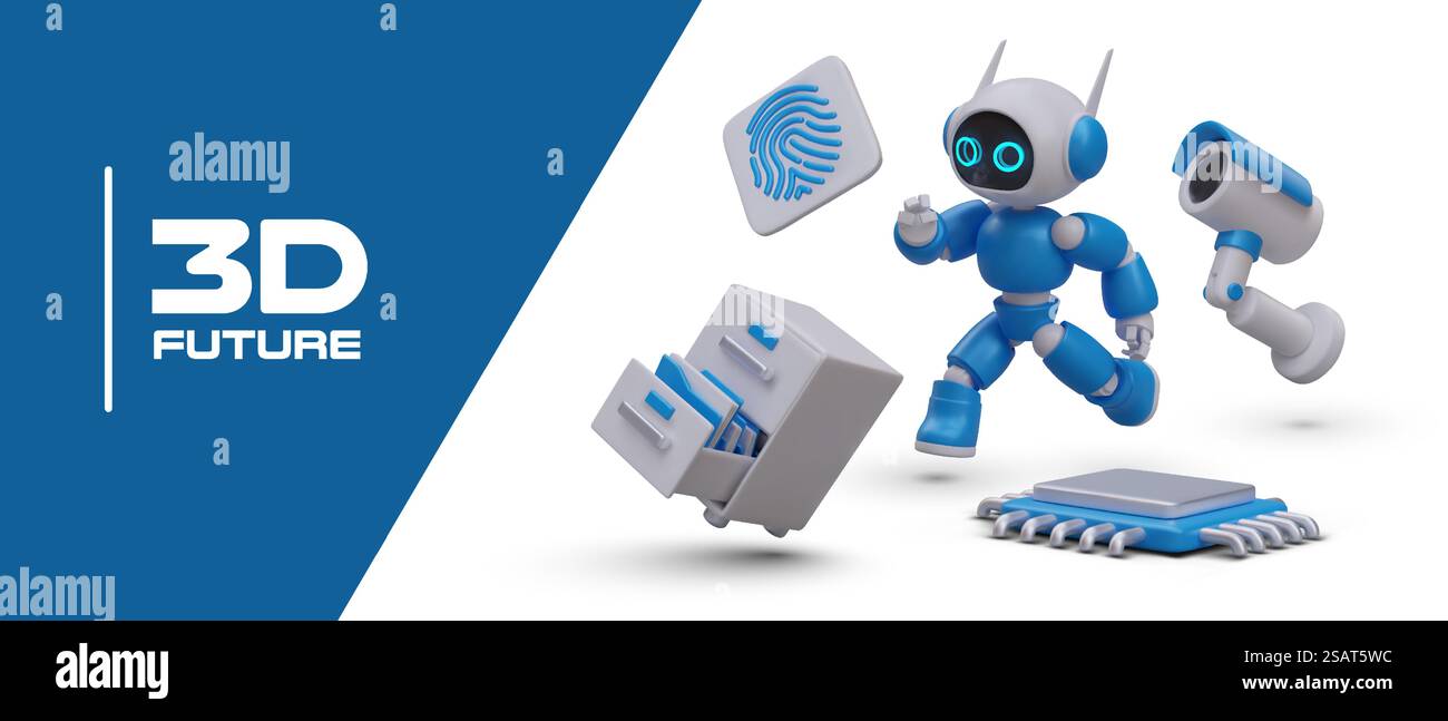 3D-Zukunft. Zentrale Recheneinheit, CPU. Realistischer Roboter, Mikroprozessor, Fingerabdruck, Überwachungskamera, Büroschublade. Zugriffskontrolle, Schutz personenbezogener Daten. Automatisiertes Sicherheitssystem. 3D-Zukunft. Zentrale Recheneinheit, CPU. Zugriffskontrolle, Schutz personenbezogener Daten Stock Vektor