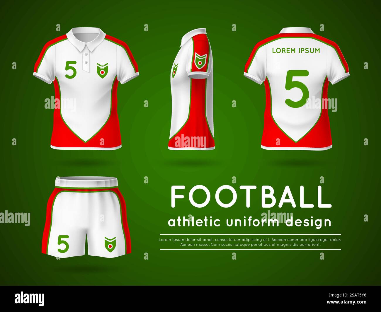 Realistisches Fußballtrikot. Designvorlage für 3D-Sporttrikots und -Shorts, Mockup für Fußballmannschaftskleidung in weiß und Rot, Vorder- und Rückansicht, isolierte Objekte und Kopierraum, innovatives Vektorkonzept. Realistisches Fußballtrikot. Designvorlage für 3D-Sporttrikots und -Shorts, Mockup für Fußballmannschaftskleidung in weiß und Rot, Vorder- und Rückansicht, isolierte Objekte, perfektes Vektorkonzept Stock Vektor
