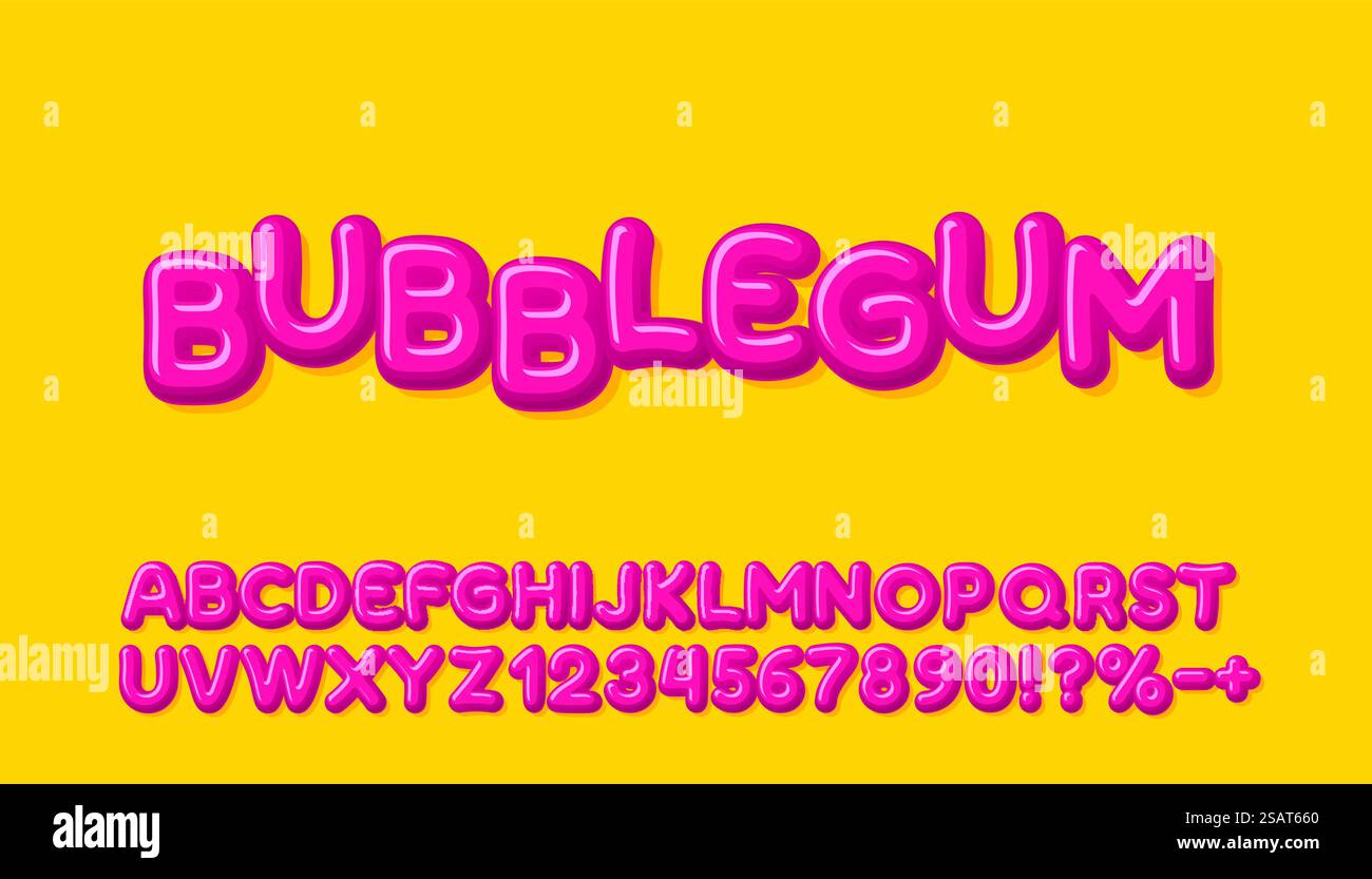 Kaugummi-Schriftart, Pinselbonbons. Englisches Alphabet und Nummernzeichen. Vektor. Kaugummi-Schriftart, Pinselbonbons. Englisches Alphabet und Nummernzeichen. Vektorabbildung Stock Vektor