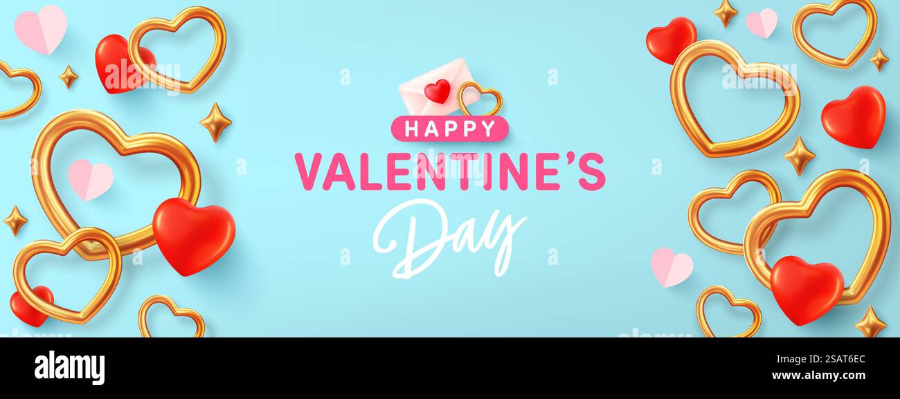 Bannervorlage zum Valentinstag mit goldener Herzform auf blauem Hintergrund. Vektor des Posters oder Banners zum Valentinstag. Grüße und Geschenke für die Liebe oder Valentinstag-Konzept. Stock Vektor