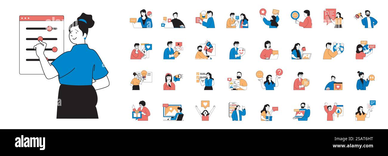 Social-Media-Konzept mit Charaktersituationen in flachem Webdesign. Ein Paket von Szenen, die Menschen online mit Freunden kommunizieren, E-Mails senden, neue Beiträge und Fotos mit „gefällt mir“ versehen. Vektorabbildungen. Stock Vektor Social-Media-Konzept mit Charaktersituationen in flachem Webdesign. Ein Paket von Szenen, die Menschen online mit Freunden kommunizieren, E-Mails senden, neue Beiträge und Fotos mit „gefällt mir“ versehen. Vektorabbildungen. Stock Vektor