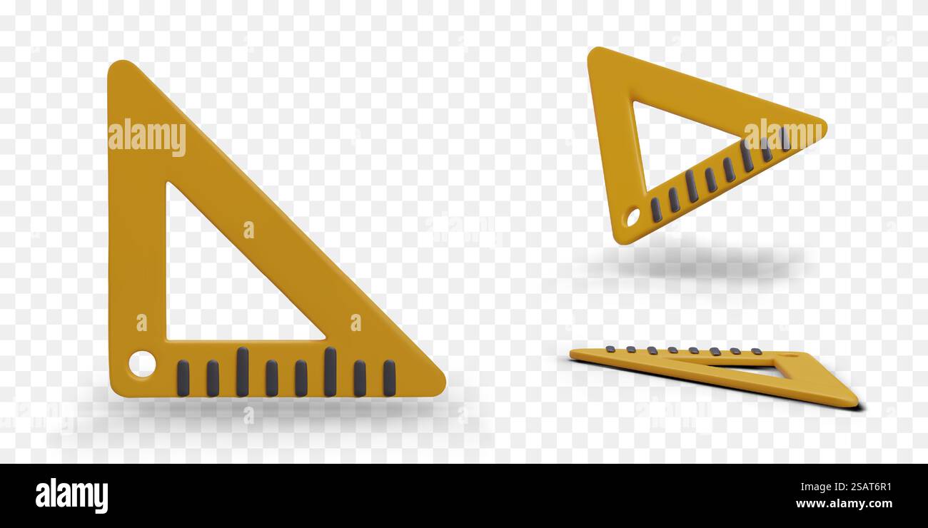 Realistisches Quadrat, Dreieck. Dreieckiges Lineal 90 Grad. Ausrüstung zum Ziehen von Linien im rechten Winkel. Gelbes Symbol für Geometrie und Mathematik. Realistisches Quadrat, Dreieck. Dreieckiges Lineal 90 Grad Stock Vektor