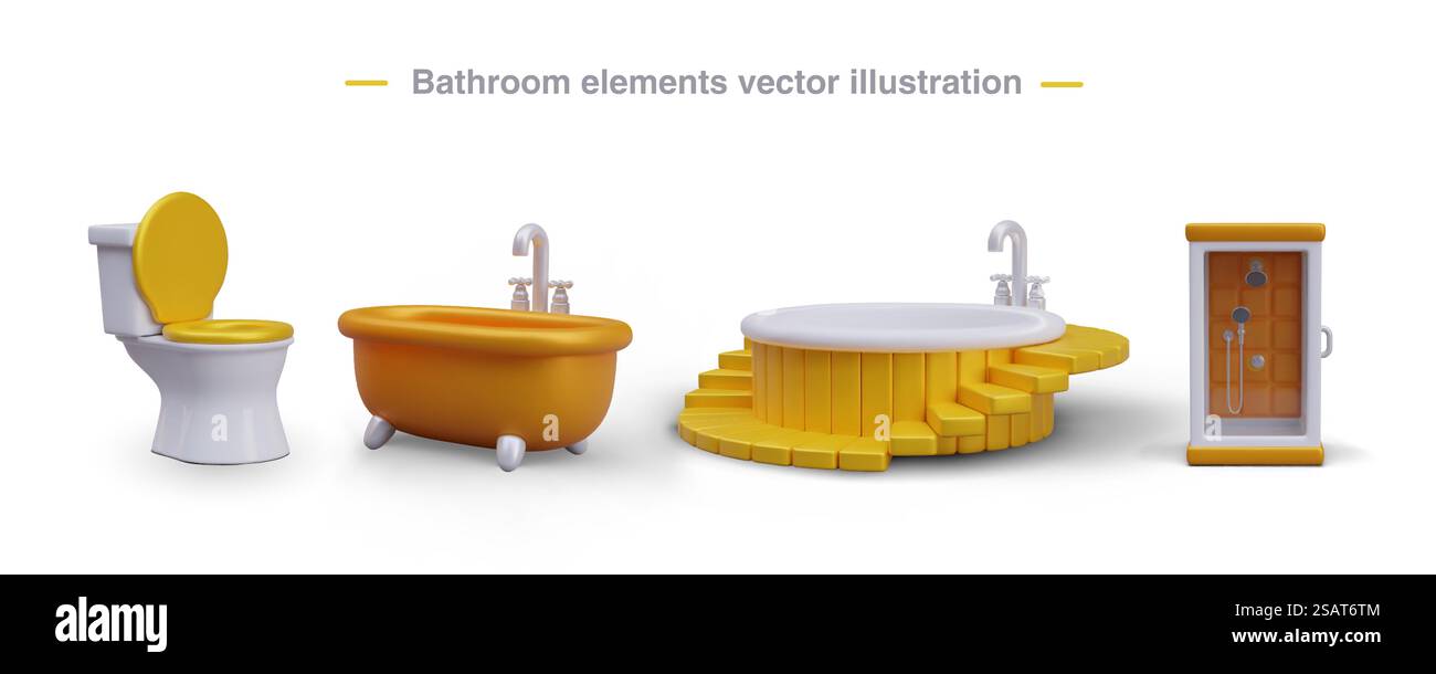 3D-Elemente für den Innenraum eines luxuriösen Badezimmers. Toilette, Badewanne, rundes Bad mit Wassermassage, Duschkabine. Teure und stilvolle Sanitärartikel. Satz isolierter Vektorbilder für Webdesign. 3D-Elemente für den Innenraum eines luxuriösen Badezimmers. Toilette, Badewanne, rundes Bad, Duschkabine Stock Vektor