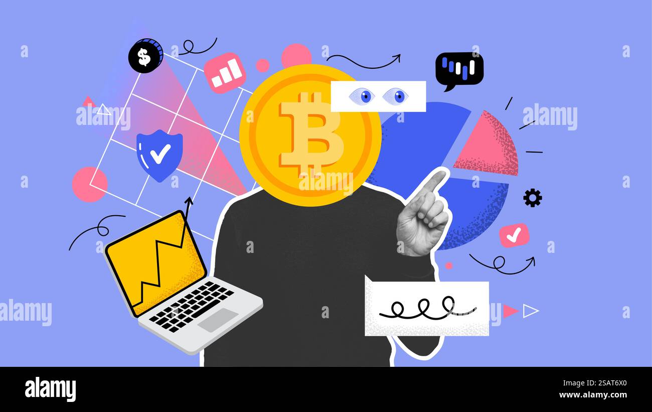 Collage zeitgenössischer Kunst. Konzeptionelles Porträt eines Geschäftsmannes mit Laptop und mit einer Gewerbeanwendung. Der Mann mit Bitcoin Kopf. Vektorabbildung Stock Vektor
