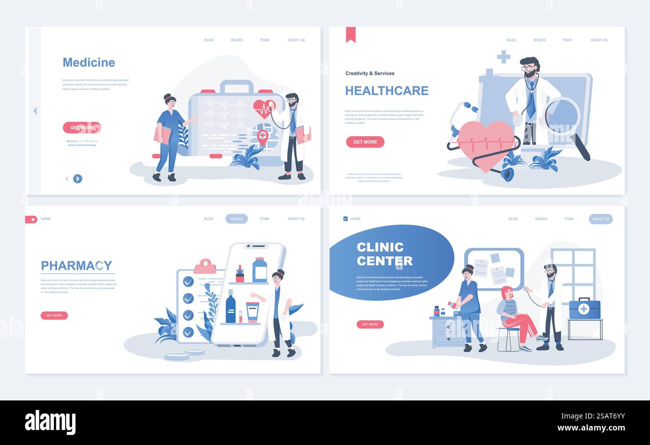 Medizinwebkonzept für Landingpage in flacher Form. Medizinische Dienstleistungen, Gesundheitsprogramme, Apotheke und Online-Drogeriemarkt, Klinikzentrum. Vektorillustration mit Personenzeichen für Homepage Stock Vektor