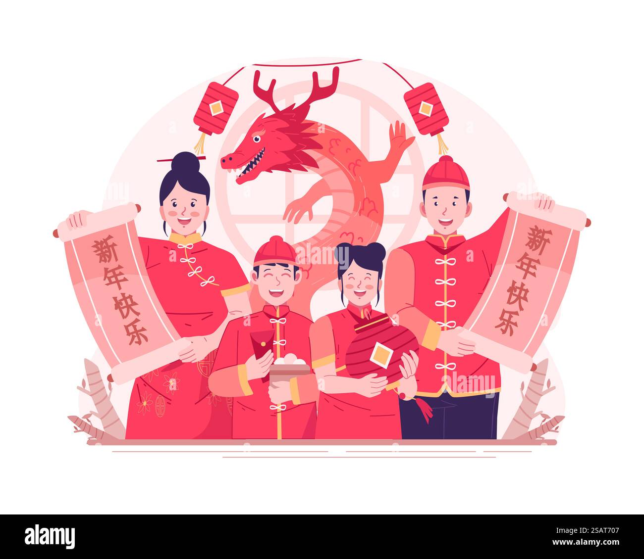 Asiatische Familie in traditionellen chinesischen Kostümen mit Kalligraphie-Rolle geschrieben Happy Chinese New Year mit einem Drachen und hängender Laterne Hintergrund Stock Vektor