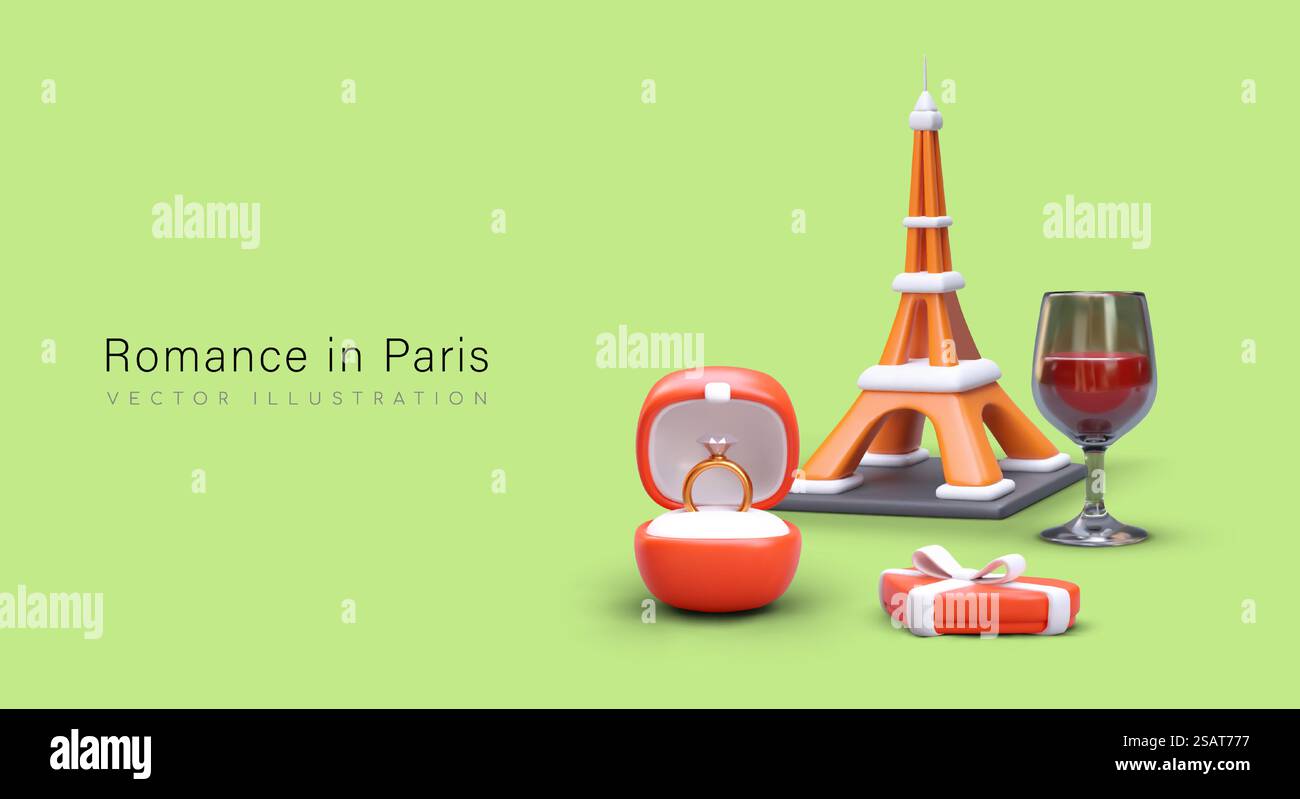 Romantik in Paris. Zubehör für den Heiratsantrag. Eiffelturm, Ehering, Wein, Geschenk. Touren für Paare. Urlaub für zwei in der Hauptstadt Frankreichs. Niedliches Banner auf grünem Hintergrund. Romantik in Paris. Zubehör für den Heiratsantrag. Eiffelturm, Ehering, Wein, Geschenk Stock Vektor