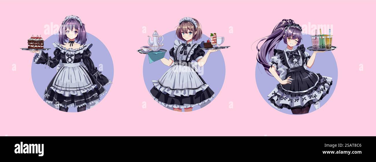 Mädchen in Uniformen runden Vektor-Avataren Set. Schöne Anime-Frauen, die Tabletts mit Kuchen und Getränke runden Logos auf rosa Hintergrund halten. Mädchen in Uniformen runden Vektor-Avataren Set Stock Vektor