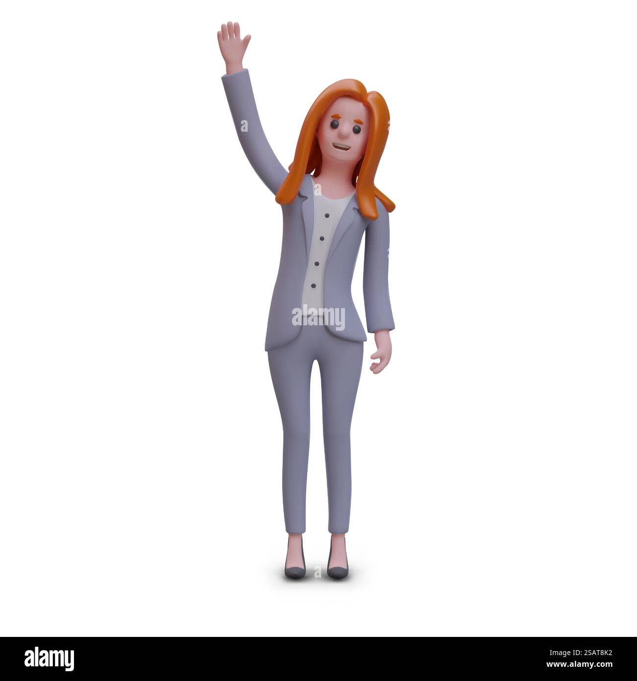 Freundliche, freundliche Geschäftsfrau in Bürokleidung, die die Hand aufhebt. 3D-realistische Geste zur Begrüßung von Zeichentrickfiguren. Vektorillustration mit weißem Hintergrund. Freundliche, freundliche Geschäftsfrau in Bürokleidung, die die Hand aufhebt Stock Vektor