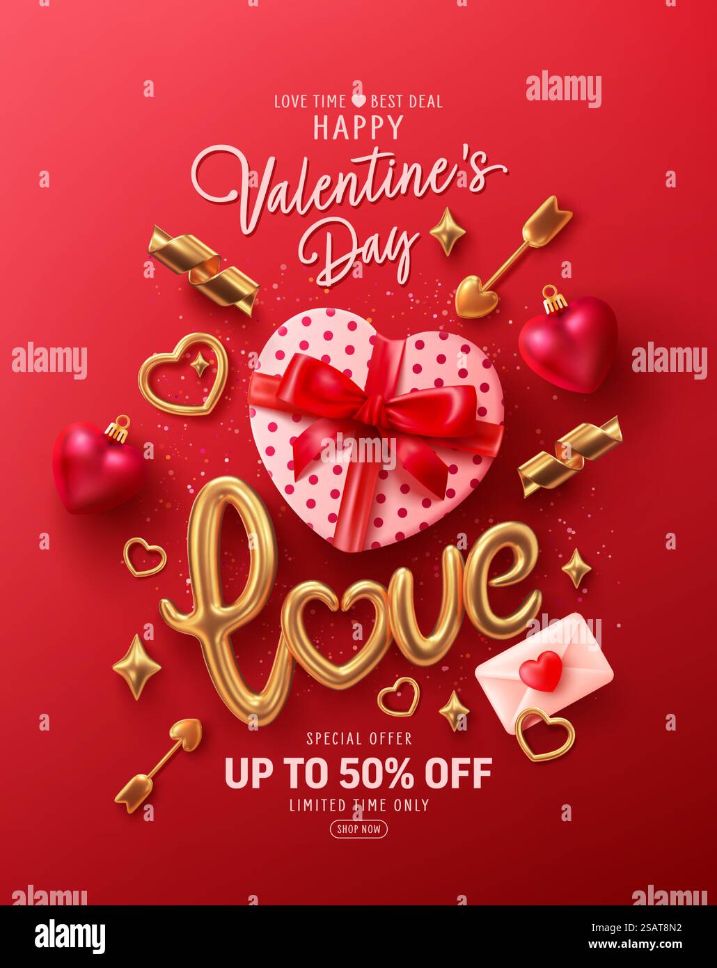 Valentinstag Bannervorlage mit herzförmiger Geschenkbox, goldenem Text Love und goldenen 3D-Symbolen Love. Vektor des Posters oder Banners zum Valentinstag. Grüße und Geschenke für die Liebe Konzept. Stock Vektor