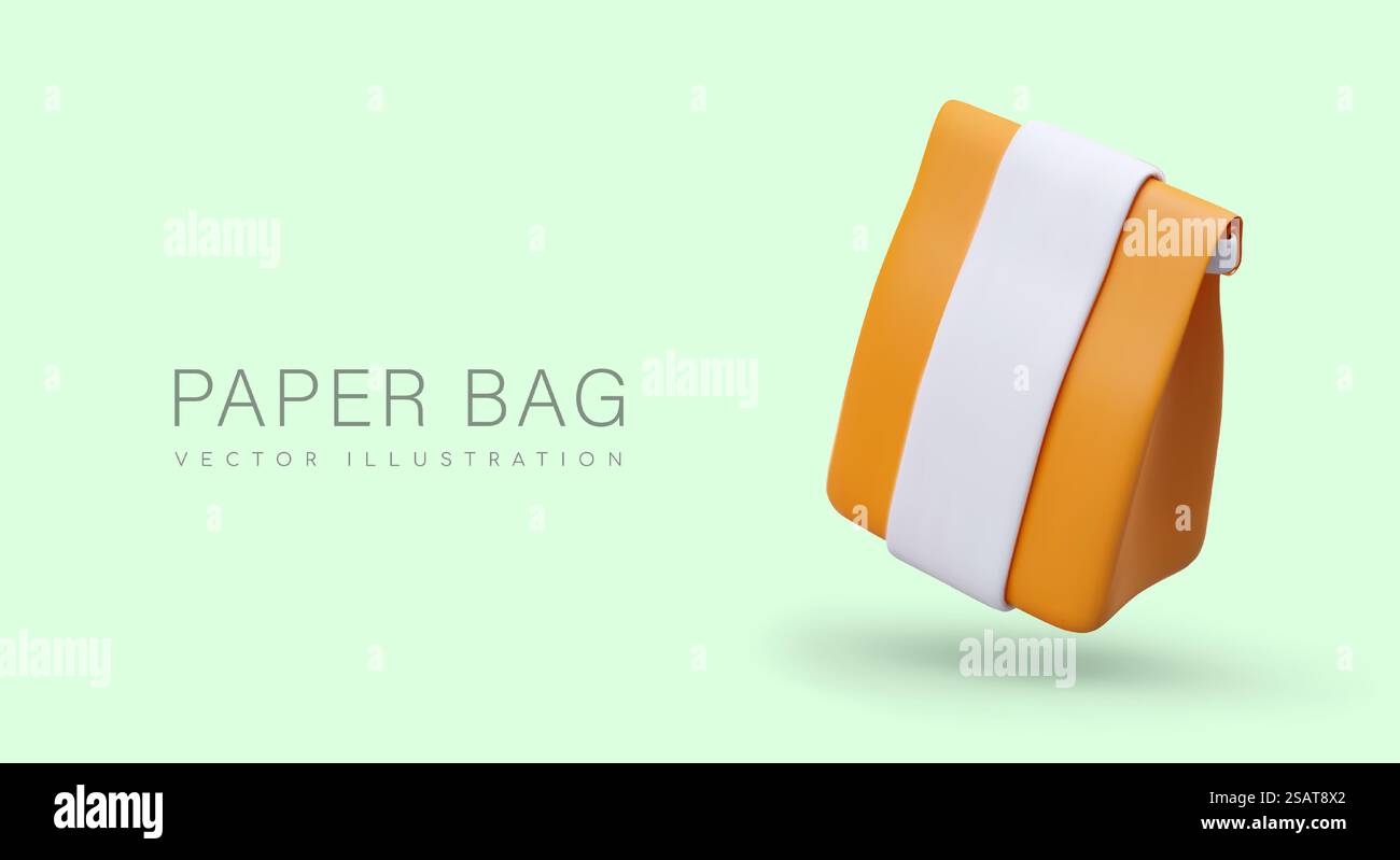 Gelbe Papiertüte mit weißem Streifen. Versiegelter Kauf. Platz für Text, Logo, Marke. Recycelbare Einwegverpackungen aus Naturmaterial, ökologisches Konzept. Gelbe Papiertüte mit weißem Streifen. Versiegelter Kauf. Platz für Text, Logo, Marke Stock Vektor