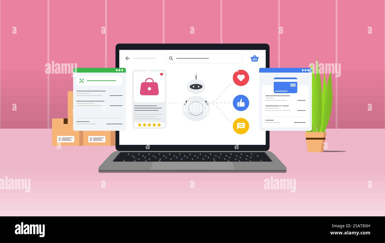 Das Konzept des künstlichen Intelligenz-E-Commerce-Marketings. Vektorillustration mit rosa oder rotem Hintergrund Stock Vektor