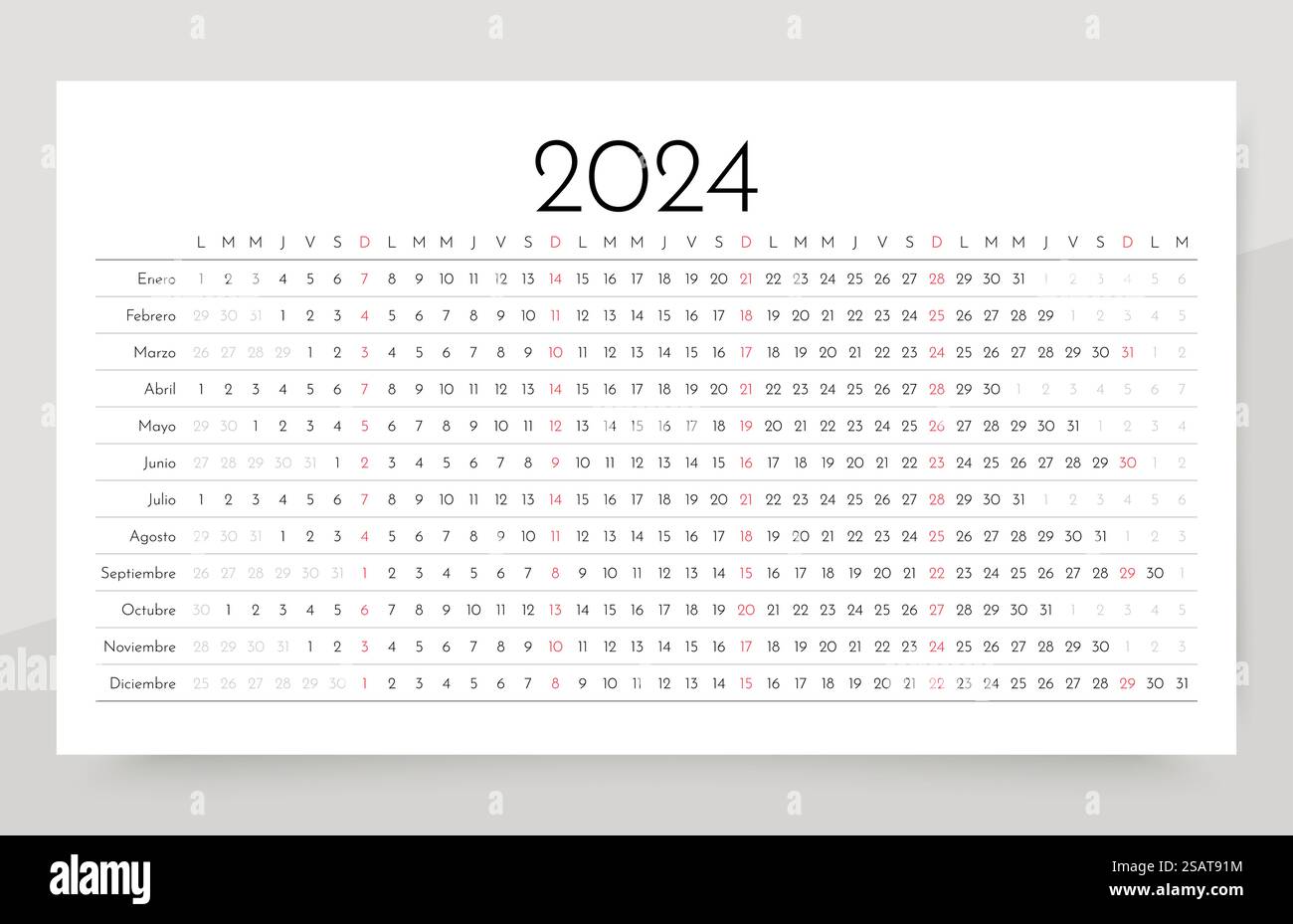 Spanischer Kalender 2024. Lineares Planerraster für Jahr. Vorlage für Jahreskalender. Die Woche beginnt Montag. Stock Vektor