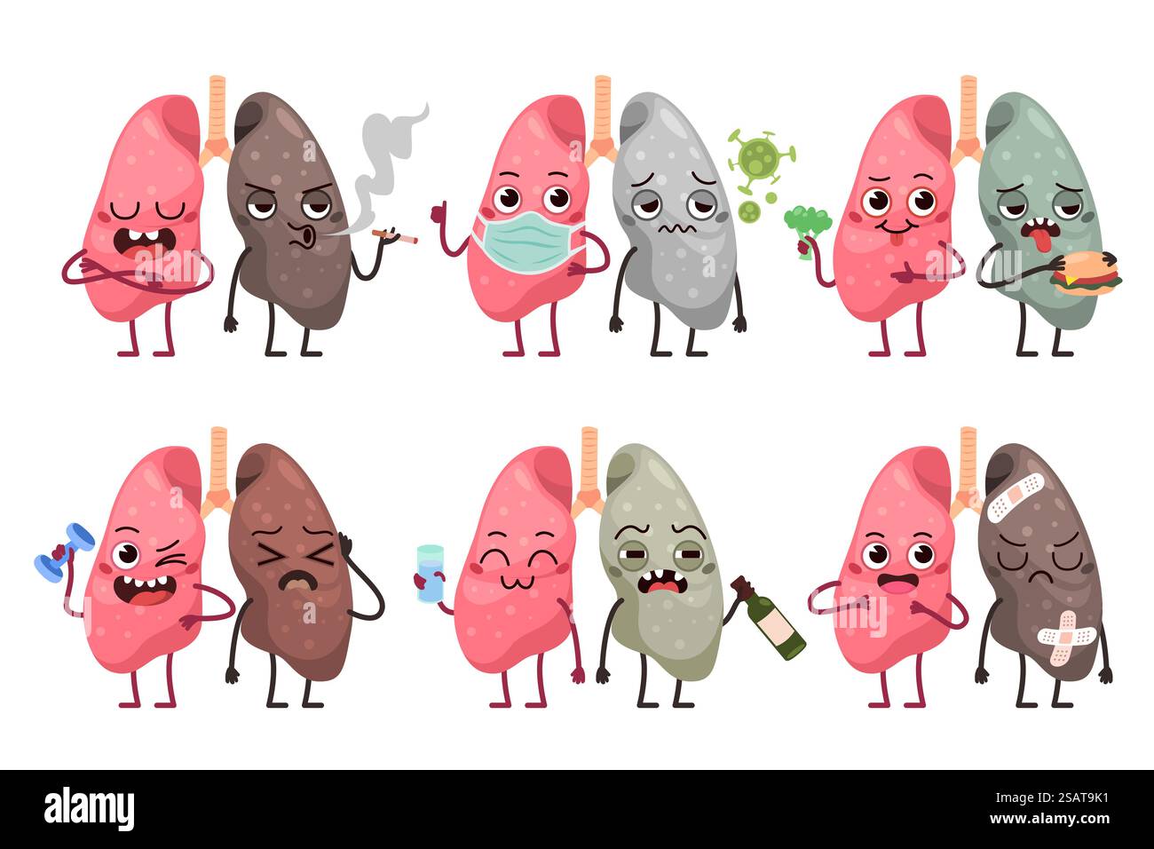 Niedliche Lungen. Maskottchen für gesunde und ungesunde Comic menschliche Organe, Virusinfektionen, Atemwegserkrankungen, Lungenentzündung und covid, Schutz vor Luftverschmutzung, aufgeräumter Vektor isoliertes Gesundheitswesen Set. Niedliche Lungen. Maskottchen für gesunde und ungesunde Comic menschliche Organe, Virusinfektionen, Atemwegserkrankungen, Lungenentzündung und covid, Schutz vor Luftverschmutzung, aufgeräumter Vektor, isolierter Satz Stock Vektor
