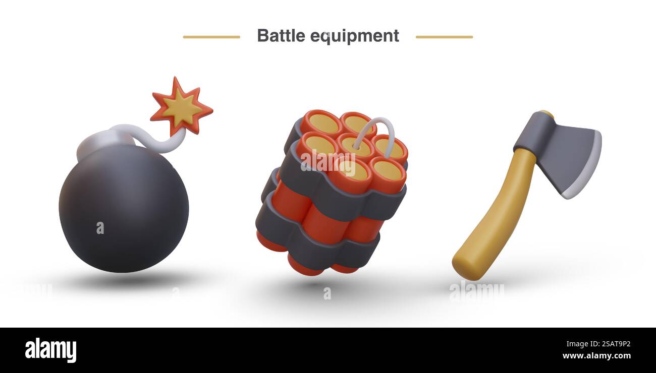 Ausrüstung für den Kampf. Runde Bombe mit brennendem Seil, Stangen Dynamit, Axt. Verschiedene Arten von Waffen. Spiel isoliertes Vektorbild. Farbige war-Symbole. Ausrüstung für den Kampf. Runde Bombe mit brennendem Seil, Stangen Dynamit, Axt Stock Vektor