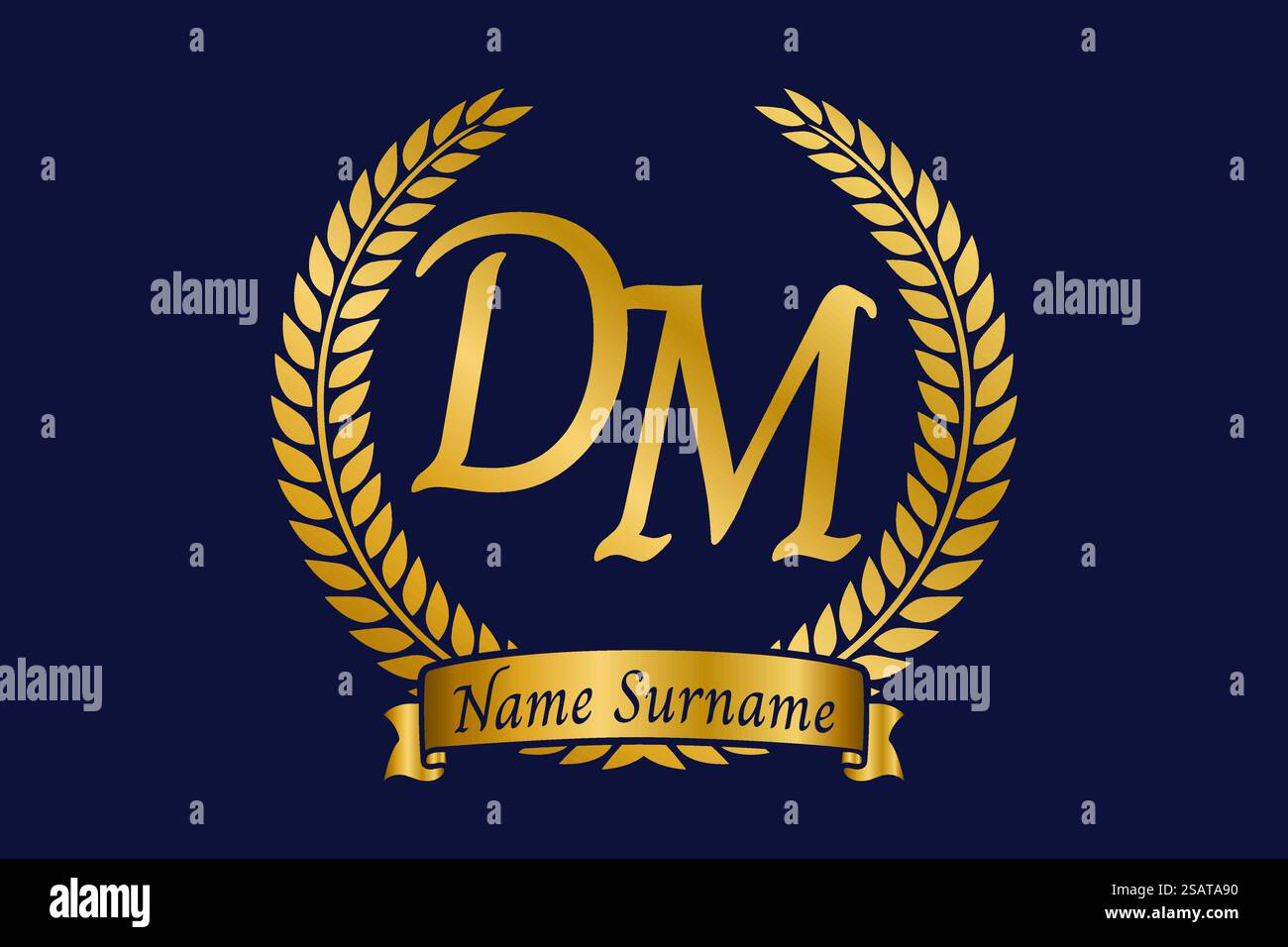 Anfangsbuchstaben D und M, DM-Monogramm-Logo mit Lorbeerkranz. Luxuriöses goldenes Emblem mit Kalligraphie-Schriftart. Stock Vektor