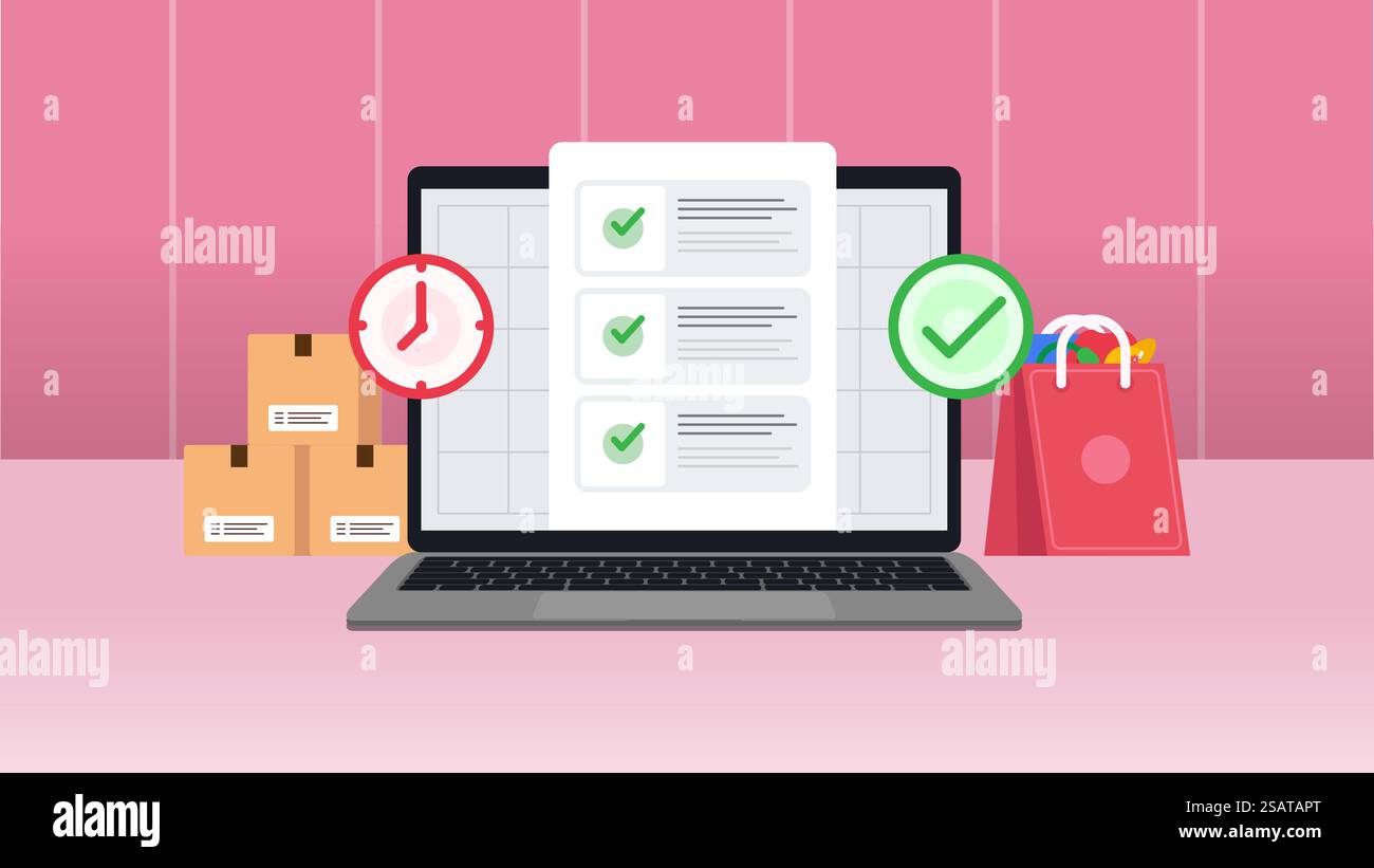 Zeitauflistung auf dem Laptop. Vektorillustration mit roter oder rosa Hintergrundfarbe. Stock Vektor